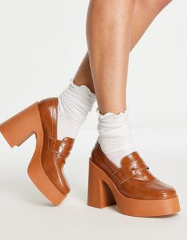 推荐ASOS DESIGN Profile chunky high heeled loafer in tan商品