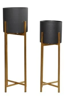 WILLOW ROW | Black Metal Indoor & Outdoor Planter with Removable Goldtone Stand - Set of 2,商家Nordstrom Rack,价格¥1074