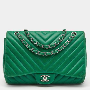 推荐Chanel Green Chevron Leather Jumbo Classic Single Flap Bag商品