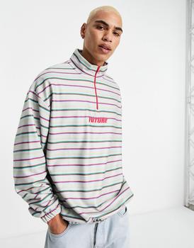 ASOS | ASOS DESIGN oversized half zip fleece festival sweatshirt in stripe with chest print商品图片,6折
