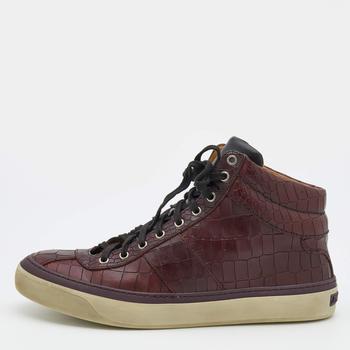 推荐Jimmy Choo Dark Brown Croc Embossed Leather Belgravia High Top Sneakers Size 45商品