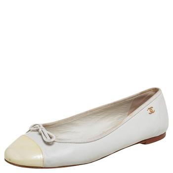 美国香奈儿鞋, [二手商品] Chanel | Chanel Grey/Yellow Patent And Leather Cap Toe Bow Ballet Flats Size 37商品图片 6.7折