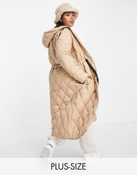 推荐Simply Be adjustable quilted longline coat in camel商品