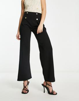 River Island | River Island wide leg tailored trouser with button detail in black商品图片,