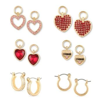 GUESS | Gold-Tone 6-Pc. Set Crystal Interchangeable Heart Charm & Huggie Hoop Earrings,商家Macy's,价格¥158
