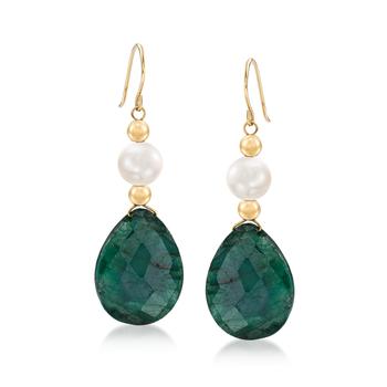 Ross-Simons | Ross-Simons Cultured Pearl and Emerald Drop Earrings in 14kt Yellow Gold商品图片,7折