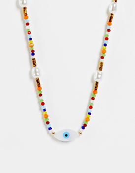 商品ASOS DESIGN bead necklace with printed eye pearl design in multi图片