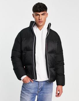 推荐Tommy Hilfiger tech stand collar icon ziptape puffer jacket in black商品