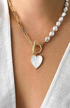 商品14K Yellow Gold Plated 10mm Pearl Heart Pendant Necklace图片