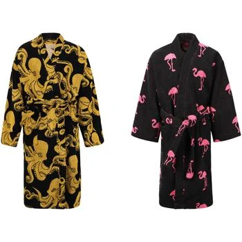 OAS | Octopus and flamingos print terry bathrobe set in black brown and pink,商家BAMBINIFASHION,价格¥1291