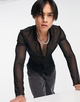 推荐ASOS DESIGN super skinny mesh shirt with rouching in black商品