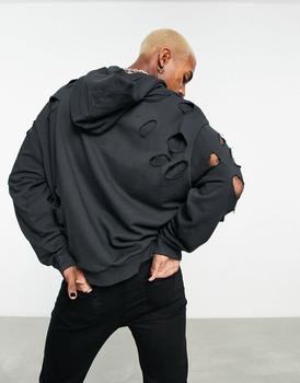ASOS | ASOS DESIGN oversized hoodie with distressing in washed black商品图片,
