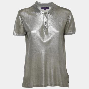 推荐Ralph Lauren Purple Label Silver Metallic Silk-Knit Polo T-Shirt M商品