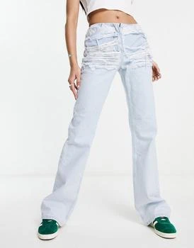 COLLUSION | COLLUSION x008 distressed waistband Y2K flare jeans in light blue 6折