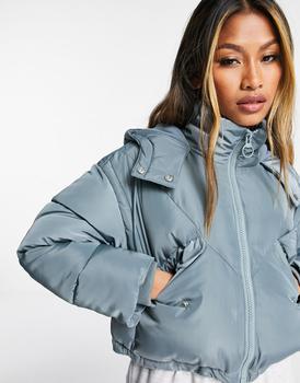 Topshop | Topshop padded crop puffer jacket with hood in blue商品图片 5.5折