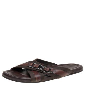 更多路易威登男鞋, [二手商品] Louis Vuitton | Louis Vuitton Brown Leather And Fabric Cross Strap Logo Flat Sandals Size 40商品图片 满1件减$100, 满减