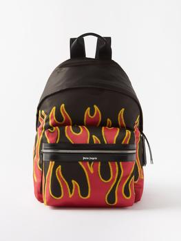 推荐Flames-print leather-trim backpack商品