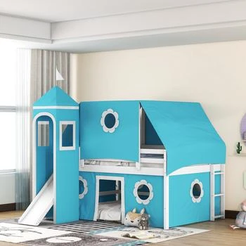 Simplie Fun | Full Size Bunk Bed with Slide Blue Tent and Tower - Blue,商家Premium Outlets,价格¥3279