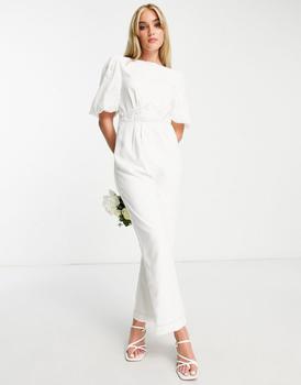 Iris & Ivy, Hope & Ivy | Hope & Ivy Bridal puff sleeve bow back jumpsuit in ivory商品图片 7.5折