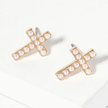 FASHNZFAB | Pearl Cross Stud Earrings - Gold, White,商家Premium Outlets,价格¥142