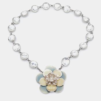 推荐Miu Miu Silver Tone Crystal Resin Flower Pendant Necklace商品