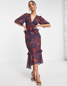 Iris & Ivy, Hope & Ivy | Hope & Ivy ruffle midi dress in navy and red floral商品图片 