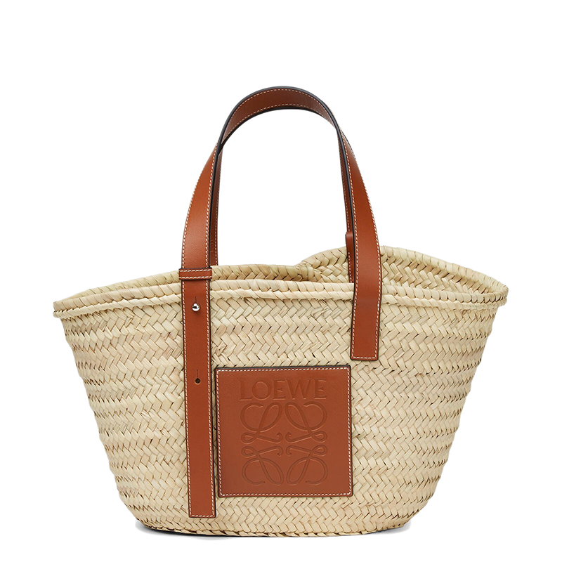 Loewe | 【包税】预定2-3周 LOEWE/罗意威 21春夏新款Basket系列 自然色棕榈叶编织棕褐色小牛皮提篮手提包0010111482商品图片,额外9.5折, 包邮包税, 额外九五折