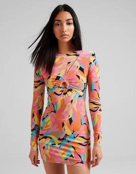 Bershka | Bershka velvet bright printed bodycon dress with ring detail in multi 6折