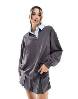 推荐ASOS DESIGN oversized sweatshirt with blue polin colour in charcoal商品