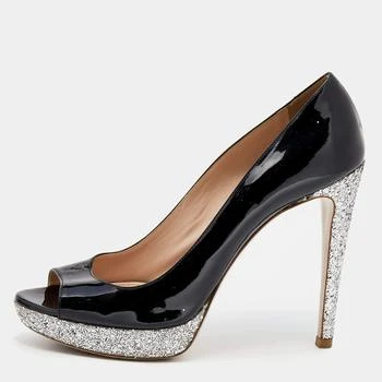 推荐Miu Miu Black Patent Leather Glitter Peep Toe Platform Pumps Size 40商品