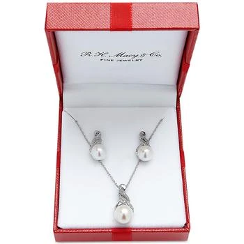 Macy's | Cultured Freshwater Pearl (8 & 9mm) and Diamond Accent Pendant Necklace and Earrings Set in Sterling Silver or 14k Gold Over Silver,商家Macy's,价格¥3008