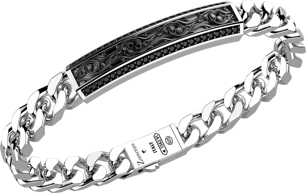 Zancan | Curb chain silver bracelet, plate with flamboyant design and natural stones.,商家Zancan Gioielli,价格¥3522