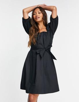 推荐Mango puff sleeve poplin dress in black商品