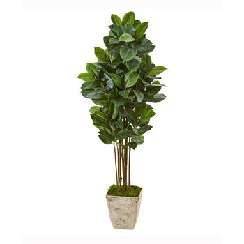 NEARLY NATURAL, NEARLY NATURAL | 63in. Rubber Leaf Artificial Tree in Country White Planter商品图片 6.9折