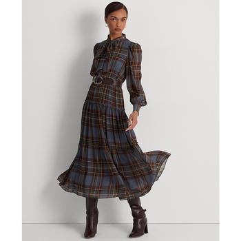 女装拉夫劳伦连衣裙, Ralph Lauren | Plaid Tie-Neck Crinkle Georgette Dress商品图片 