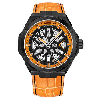 Stuhrling | Men's Automatic Orange Alligator Embossed Genuine Leather Strap with Black Stitching Watch 44mm商品图片,