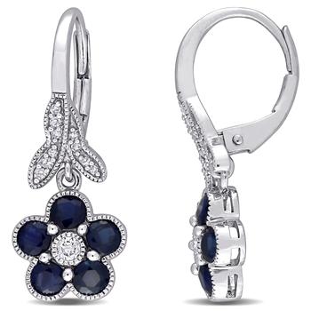 商品1 1/2 CT TGW Blue Sapphire and 1/7 CT TW Diamond Floral Leverback Earrings in 10K White Gold图片