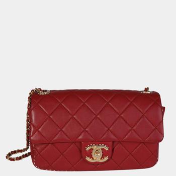 推荐Chanel Red Quilted Lambskin Leather Small Stitched Single Flap Shoulder Bag商品