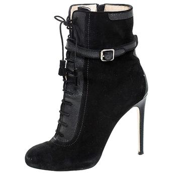 推荐Paul Andrew Black Suede And Embossed Leather Lace Up Ankle Boots Size 38.5商品