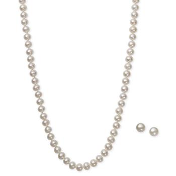product White Cultured Freshwater Pearl (6mm) Necklace and Matching Stud (7-1/2mm) Earrings Set in Sterling Silver image