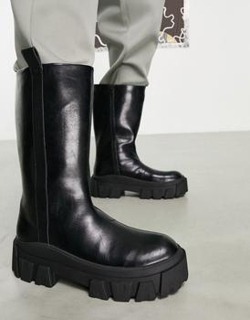 ASOS | ASOS DESIGN chelsea calf boots on chunky sole in black faux leather商品图片,5.9折