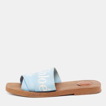 chloe 平底, [二手商品] Chloé | Chloe Blue Canvas Logo Ribbon Woody Flat Slide Sandals Size 37商品图片 8.3折