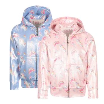 推荐Unicorns print shimmering zipped hoodies set in blue and pink商品