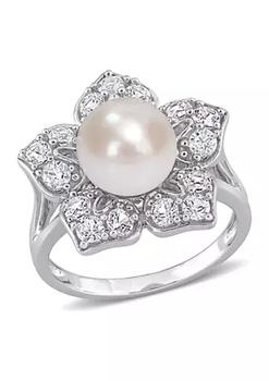 商品Lab Created 8.5-9mm Freshwater Cultured Pearl and 1 1/3 CT TGW Created White Sapphire Floral Pearl Ring in Sterling Silver,商家Belk,价格¥641图片