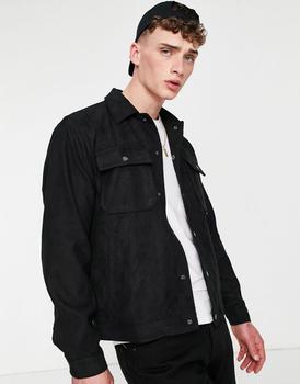 推荐Pull&Bear trucker jacket in black faux suede商品