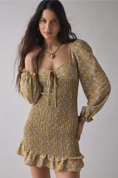 Glamorous | Glamorous Ochre Floral Long Sleeve Ruched Ruffle Hem Mini Dress,商家Urban Outfitters,价格¥281
