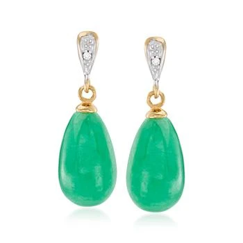 Ross-Simons Jade Teardrop Earrings With Diamond Accents in 14kt Yellow Gold
