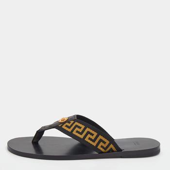 推荐Versace Black/Yellow Leather And Fabric Greca Flat Slide Sandals Size 41商品