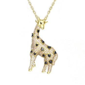 商品14K Gold Plated with Champagne and Black Cubic Zirconia Iced Out Giraffe Pendant in Sterling Silver图片