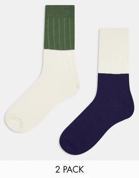 ASOS | ASOS DESIGN 2 pack ribbed socks in navy and green colour block 6折